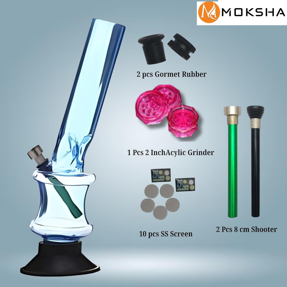 Glass smoking setup with accessories on a gray background, featuring the Moksha brand.