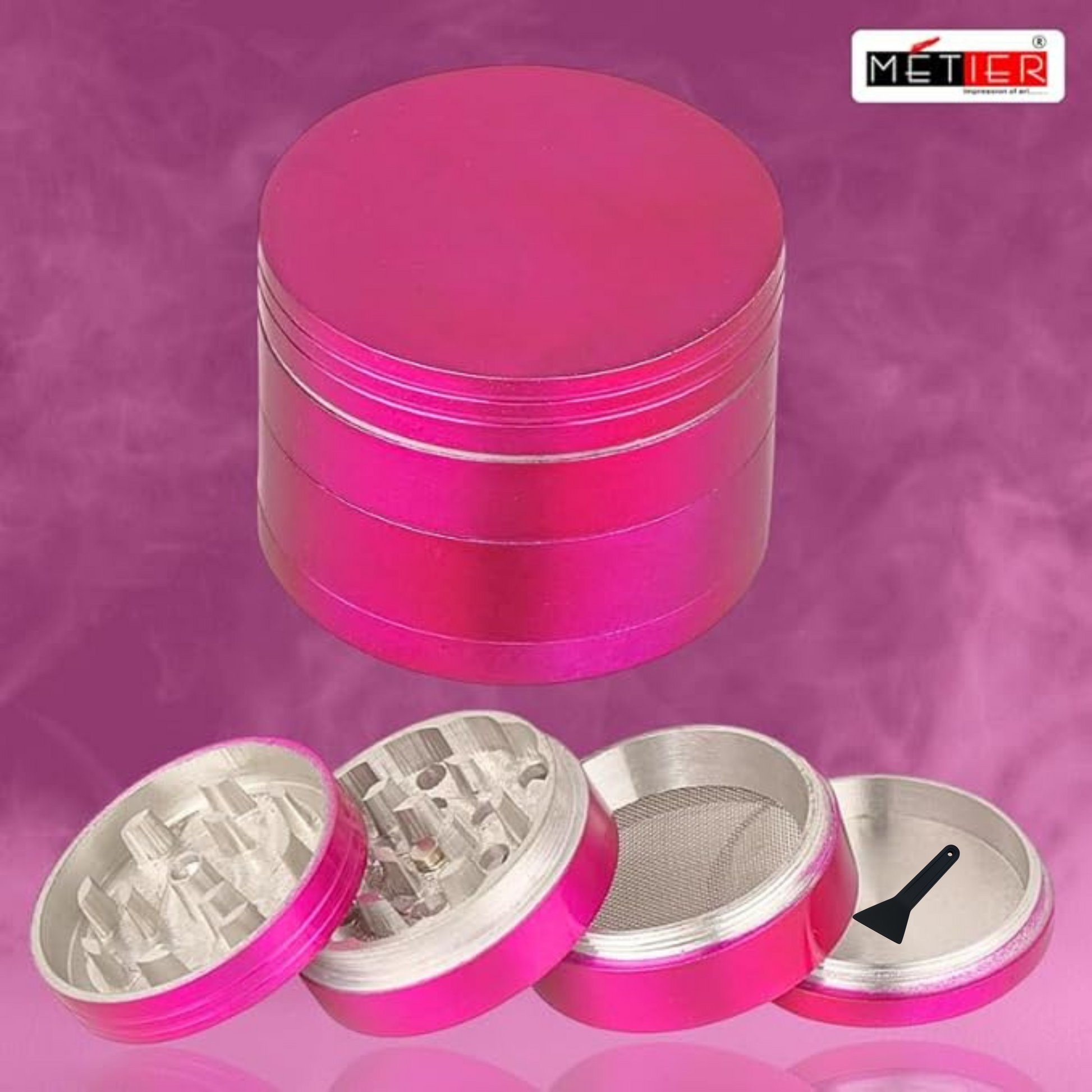 Pink aluminum herb grinder with dust filter
