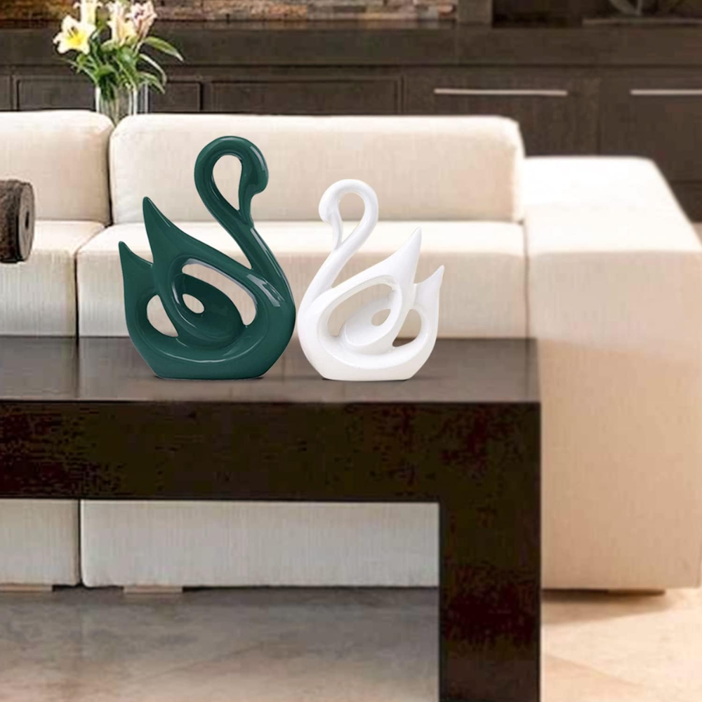 Green & White Lucky Swan Ceramic Figures - Set of 2 (18cm & 26cm) | Piano Finish for Office/Living Room Moksha Bongs
