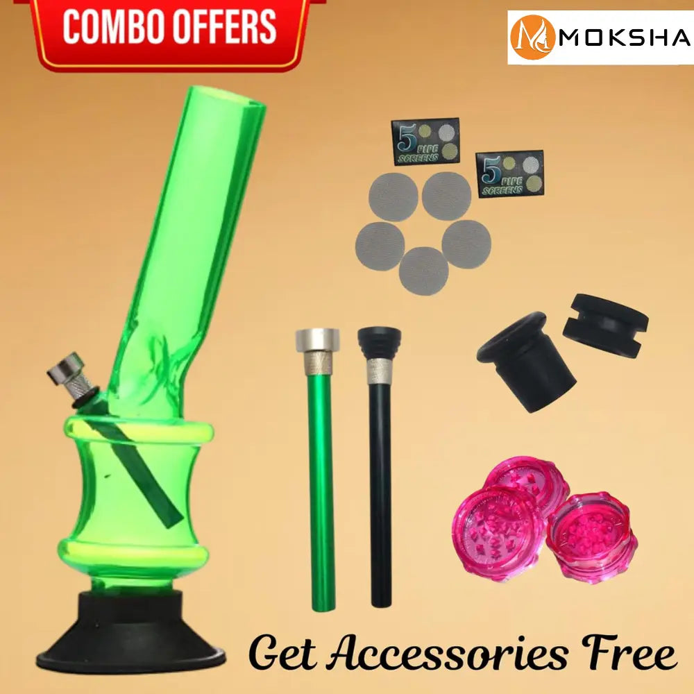 Green glass bong with accessories on a beige background, featuring Moksha brand.
