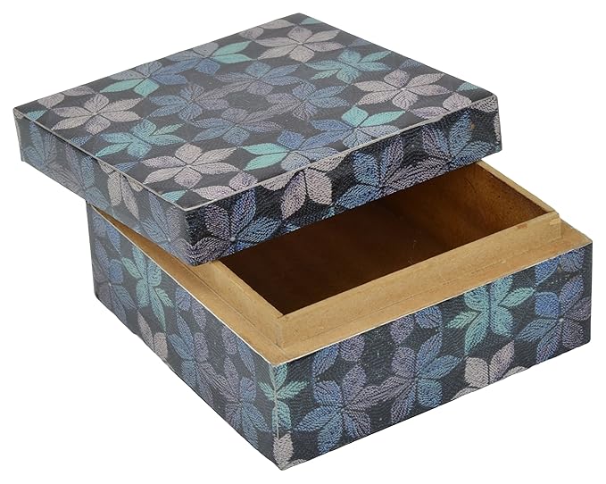 A multicolored wooden storage box with a geometric pattern on the lid.