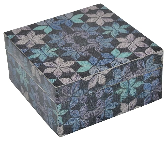 A multicolored wooden storage box with a geometric pattern on the lid.