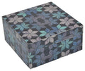 A multicolored wooden storage box with a geometric pattern on the lid.