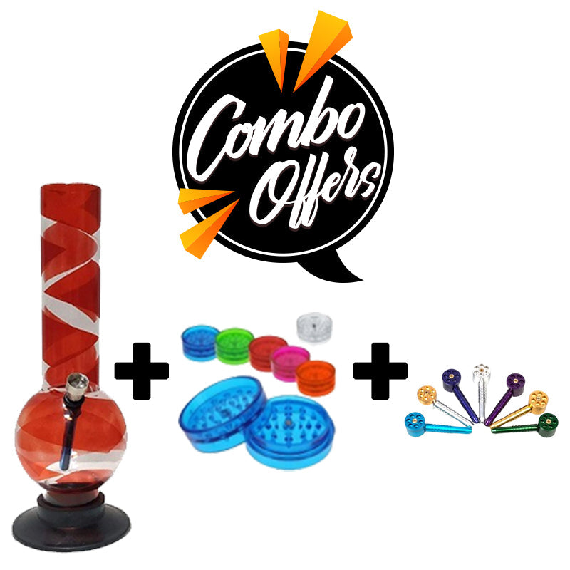 FLAP9 Combo Deal! 12" Red Acrylic Bong, 4.5" Aluminum Pipe & 2" Acrylic Grinder Set Moksha Bongs