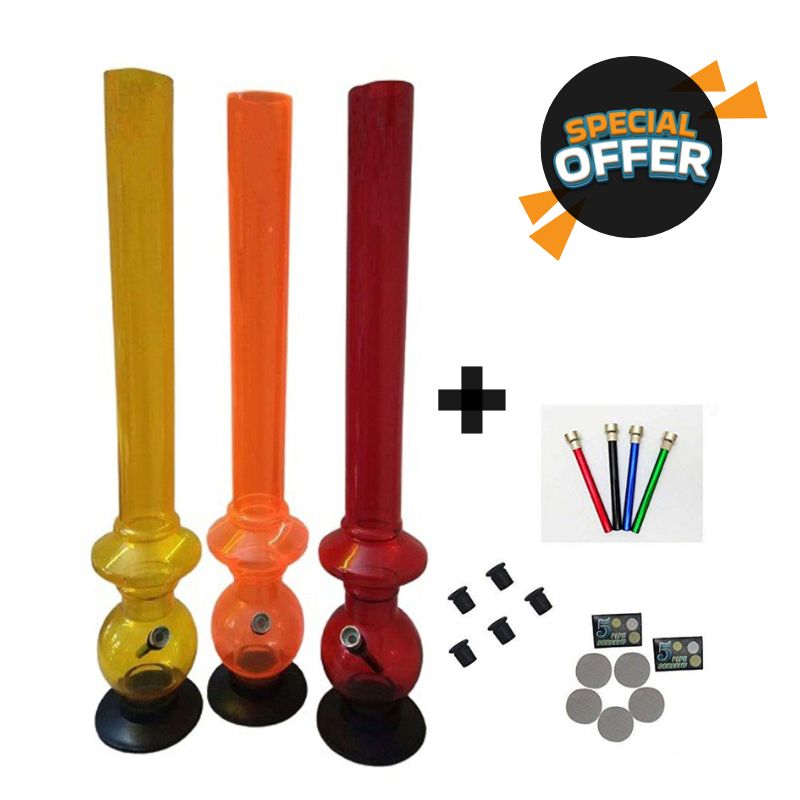 The image shows a set of colorful acrylic bongs in yellow and red, with accessories including a metal bowl, stem, screen, and rubber grommets. There is also a special offer badge displayed.