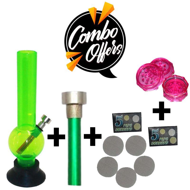 Moksha 8 inch acrylic bong set with shooter, stainless steel screens, and 2 inch herb grinder