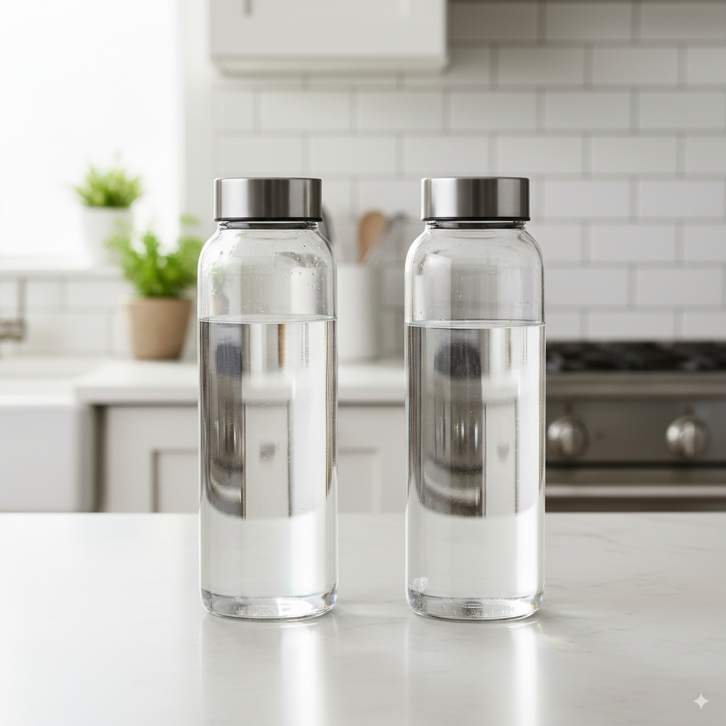 Two clear glass water bottles with black lids on a kitchen counter.