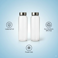 Two clear water bottles with silver lids on a light blue background, featuring icons for leakproof lid, eco-friendly & BPA-free, and freezer safe.