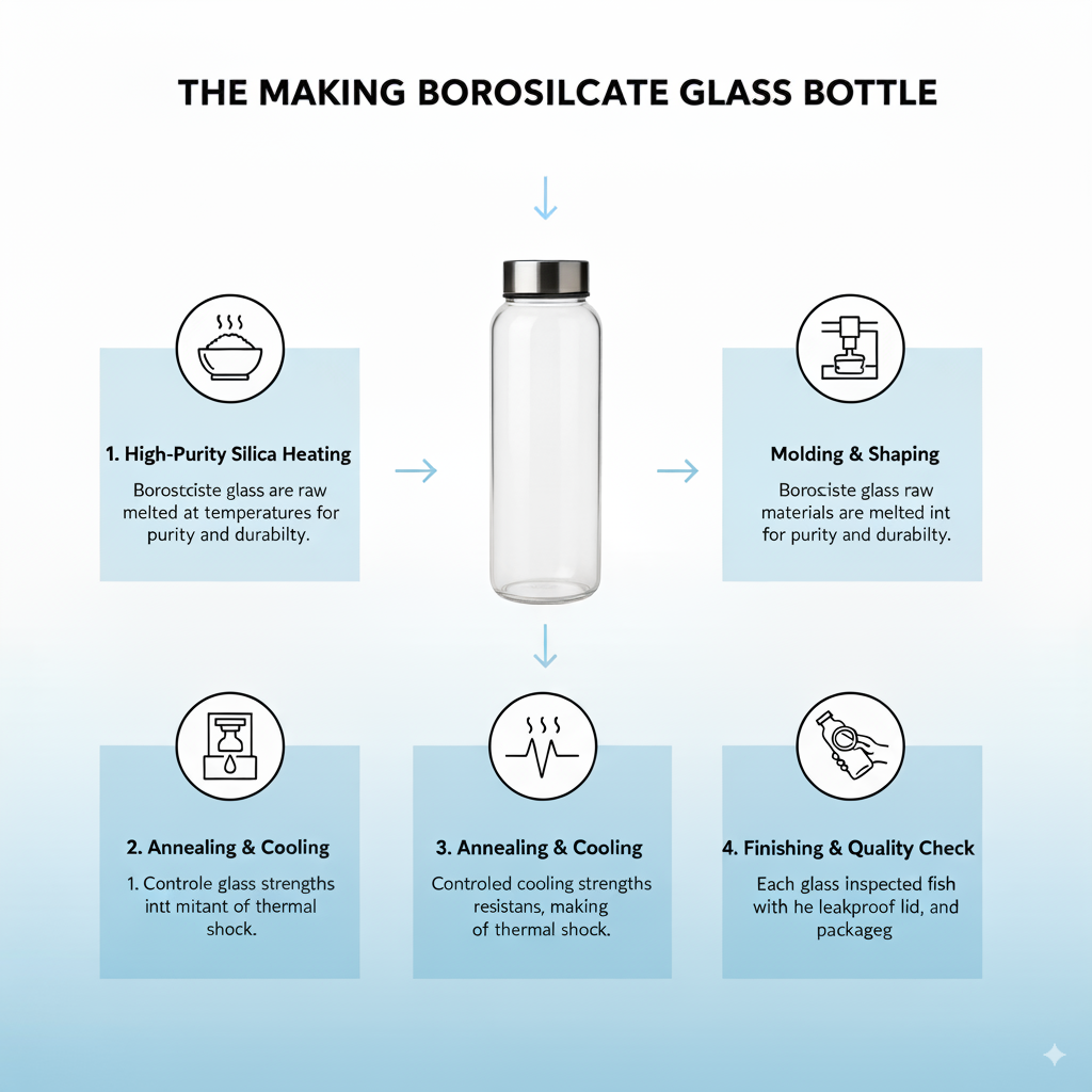 Diagram of the borosilicate glass bottle manufacturing process on a light blue background.