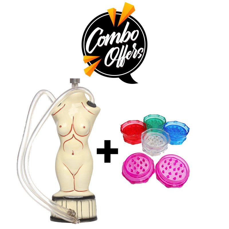 Compact woman-shaped ceramic bong with portable grinder