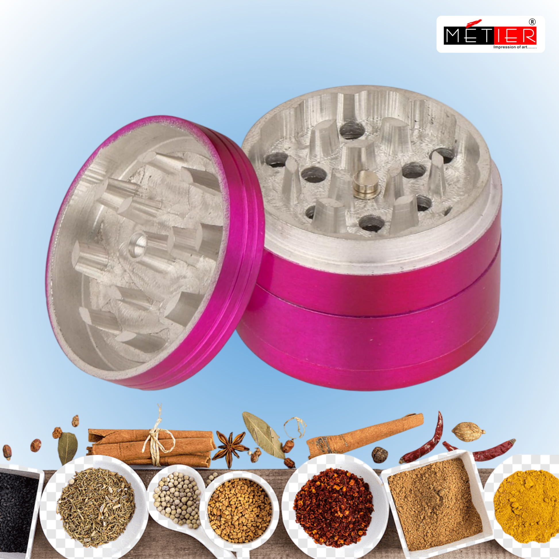 Pink aluminum herb grinder with dust filter