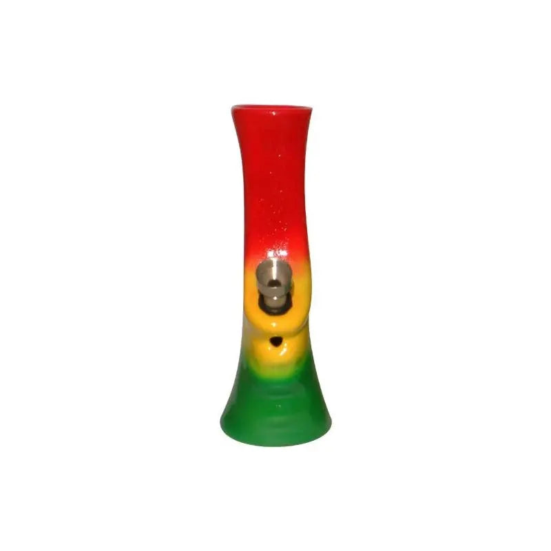A ceramic water pipe with a red, yellow, and green color scheme, featuring a high gloss finish and a rasta color design.
