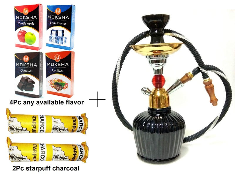 Moksha Nicotine-Free Herbal Hookah Set: 4 Flavors, Charcoal (2 Rolls), 12" Glass Hookah (Black & Gold) with Ash Catcher & Ceramic Bowl Moksha Bongs