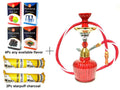Moksha 12 inch red and gold glass hookah with nicotine-free herbal flavors and charcoal