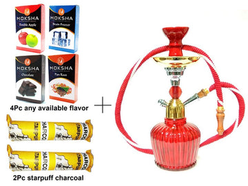 Moksha 12 inch red and gold glass hookah with nicotine-free herbal flavors and charcoal