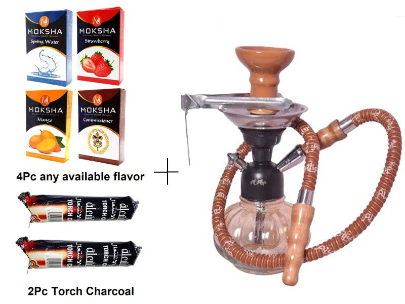 Flap9 Herbal Hookah Mix (4pc), Charcoal (2 Rolls) & 9" Glass Hookah with Metal Ash Catcher & Ceramic Bowl (Orange) Moksha Bongs