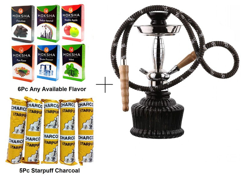 "Flap9 Herbal Hookah Mix (6pc), Charcoal (5 Rolls), 12" Glass Hookah with Metal Plate & Ceramic Bowl (Black)"& Silver) Moksha Bongs