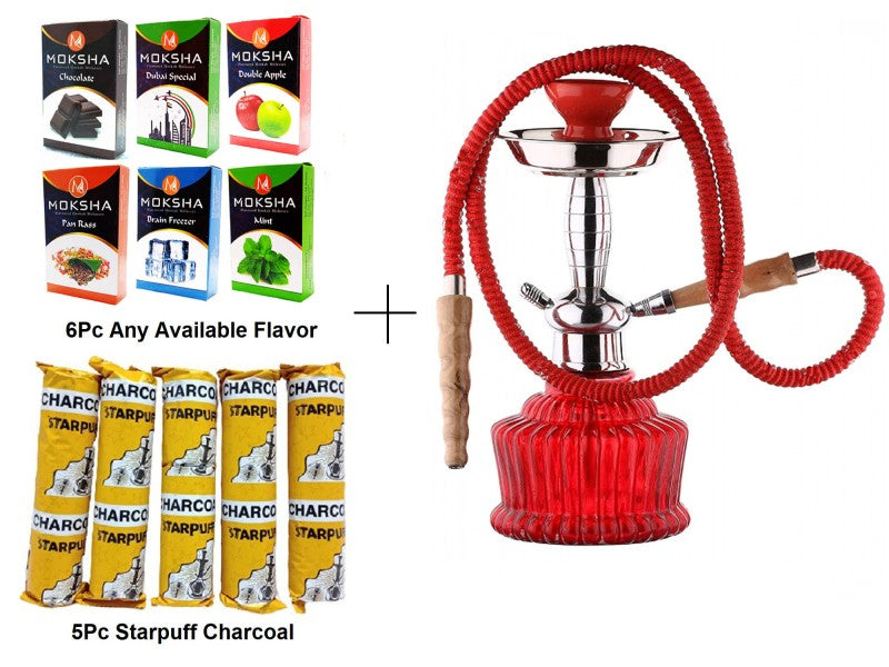 A red and silver glass hookah set with a 12-inch glass tube, accompanied by a 6-piece herbal mix and 5 charcoal rolls.