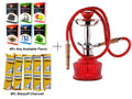 A red and silver glass hookah set with a 12-inch glass tube, accompanied by a 6-piece herbal mix and 5 charcoal rolls.
