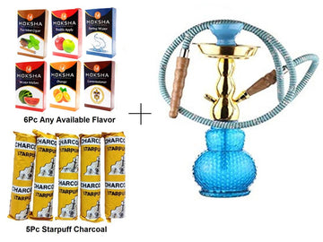 A glass hookah set in sky blue and gold colors, including a glass body, metal plate, ash catcher, ceramic chillum, and a silicone pipe with a metal handle. Additionally, there are packets of herbal hookah mix and rolls of charcoal.
