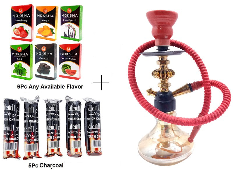 FLAP9 11 Inch Red & Gold Glass Hookah with Herbal Mix (6pc) & Charcoal (5 Rolls) Moksha Bongs