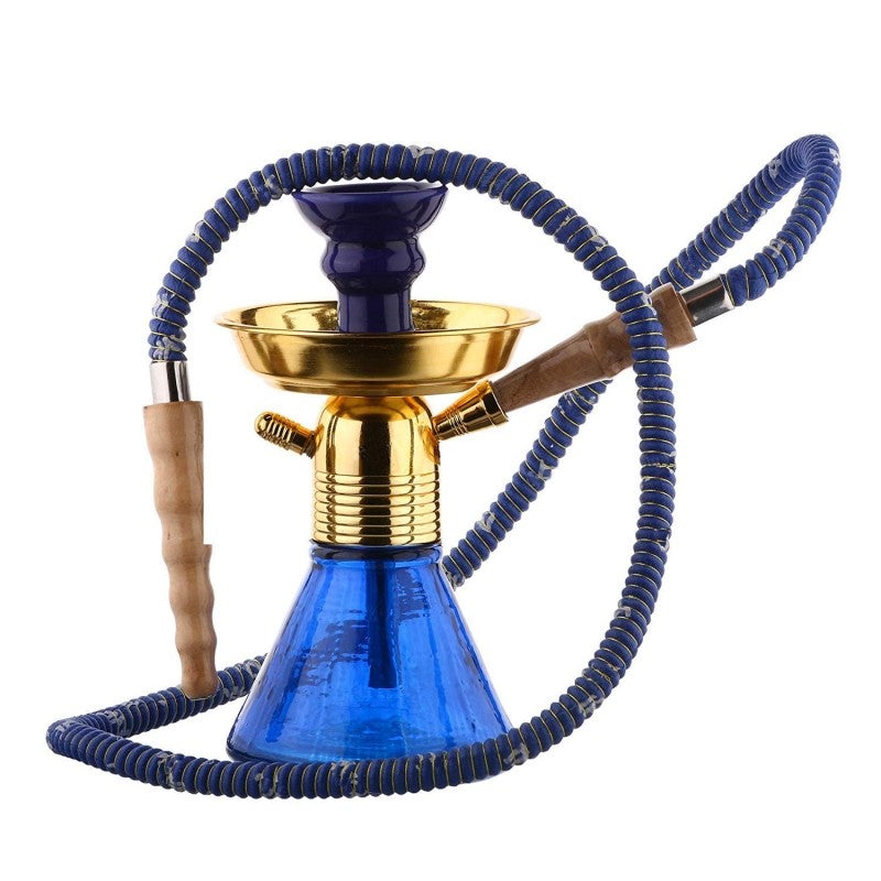 9 inch Moksha glass hookah in blue and gold with ceramic bowl and ash catcher