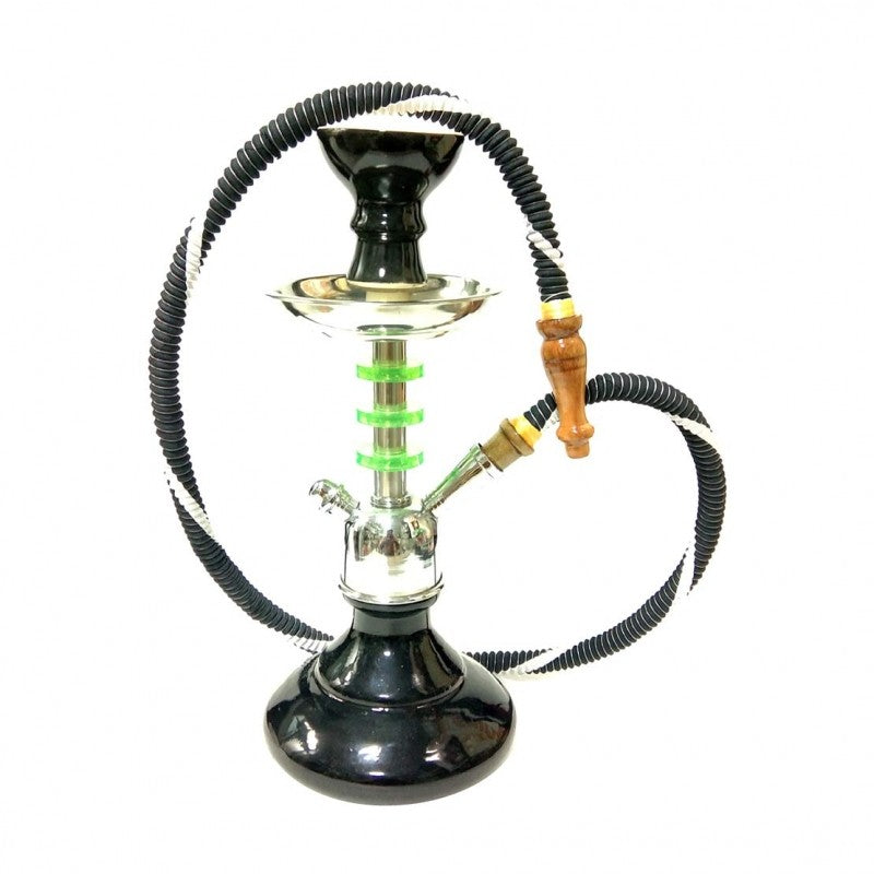 Compact tabletop hookah in black with glass base and metal stem