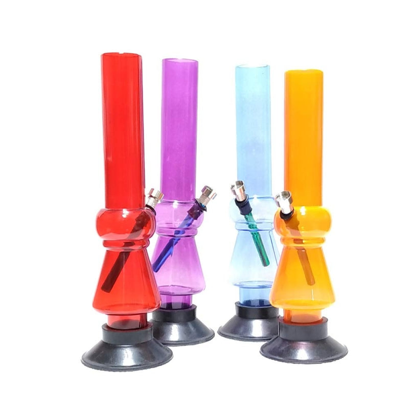 A set of colorful acrylic waterpipe bongs with a high gloss finish, displayed in red, purple, blue, and orange colors.