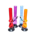 A set of colorful acrylic waterpipe bongs with a high gloss finish, displayed in red, purple, blue, and orange colors.