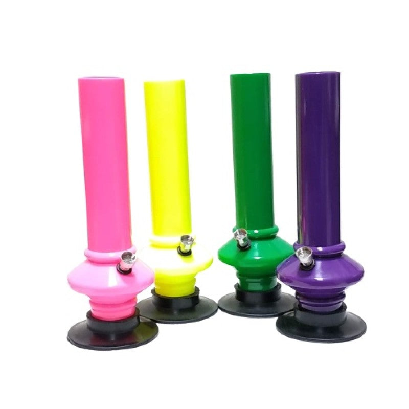 A collection of four acrylic bongs in different colors: pink, yellow, green, and purple, each with a base for stability.
