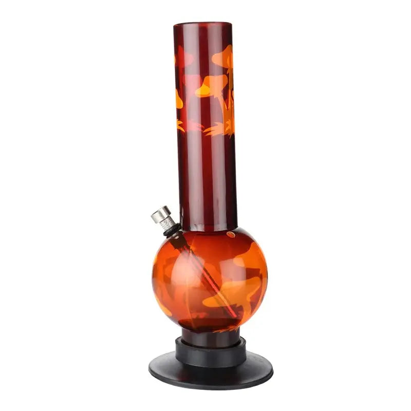 An orange and black acrylic bong with a mushroom design.