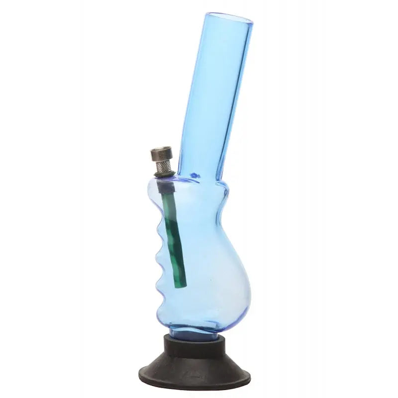 A 12 inch transparent sky blue acrylic waterpipe bong with a solid base.