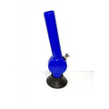 A 12 inch tall blue acrylic smoking pipe with a leaf embossed design on the bulb, including a black base.