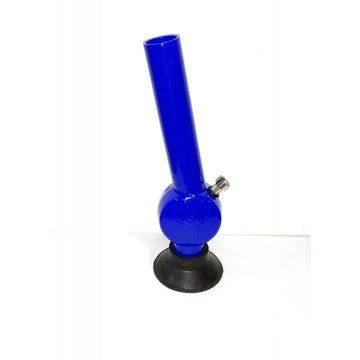 A 12 inch tall blue acrylic smoking pipe with a leaf embossed design on the bulb, including a black base.