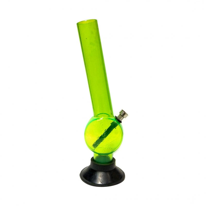 A 12 inch transparent green acrylic smoking pipe hookah bong with a metal bowl and stem, standing upright on a black base.