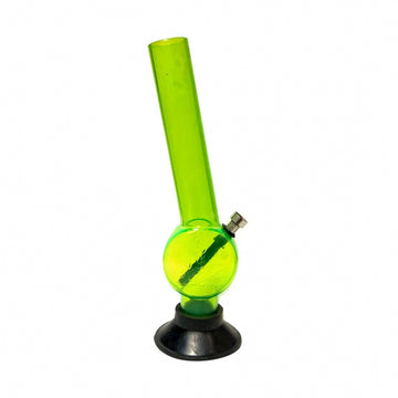 A 12 inch transparent green acrylic smoking pipe hookah bong with a metal bowl and stem, standing upright on a black base.