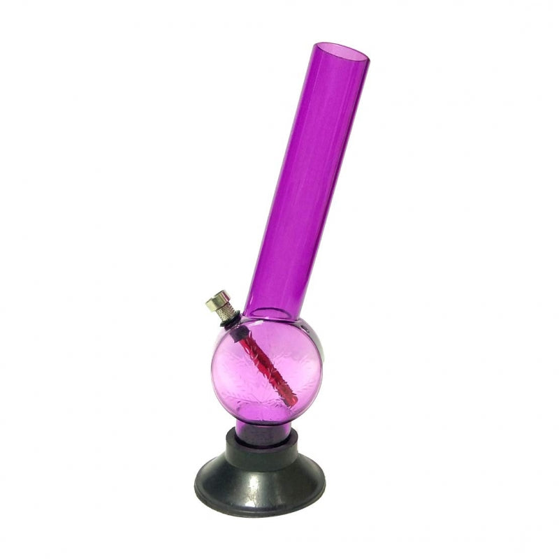 A 12 inch transparent purple acrylic smoking pipe hookah bong with a base and a mouthpiece.