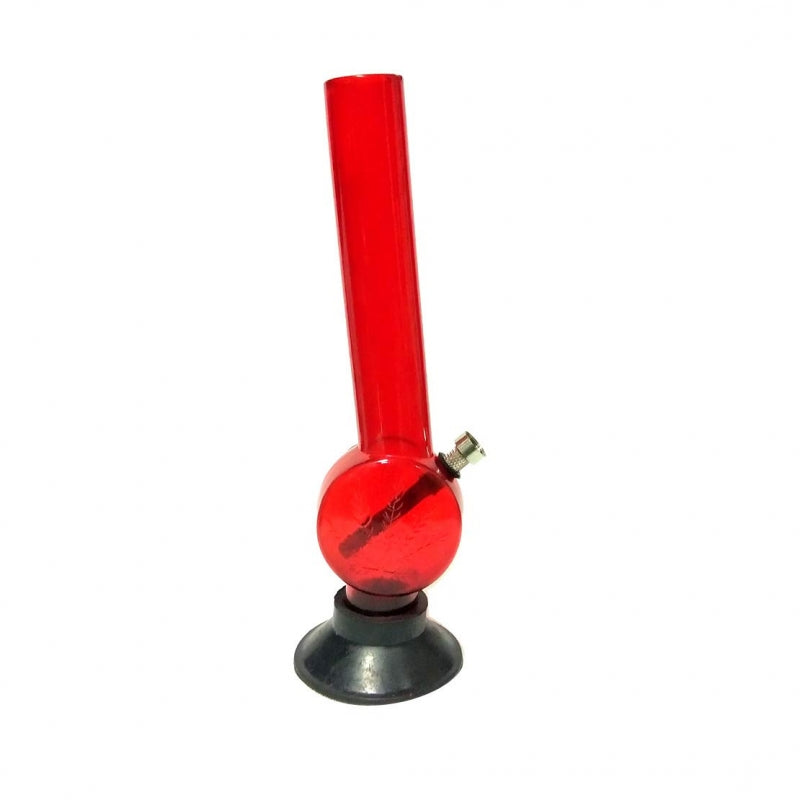 A 12 inch transparent red acrylic smoking pipe hookah bong with a metal bowl and stem, standing upright on a black base.