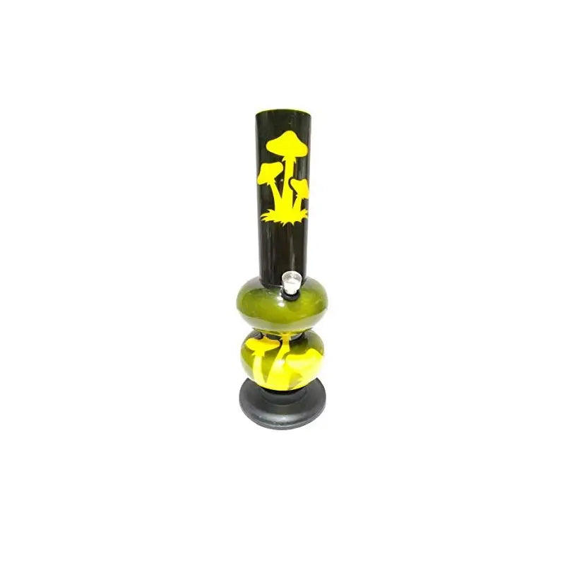 A 12 inch acrylic smoking water pipe bong with a black body and yellow design.