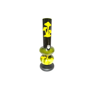 A 12 inch acrylic smoking water pipe bong with a black body and yellow design.