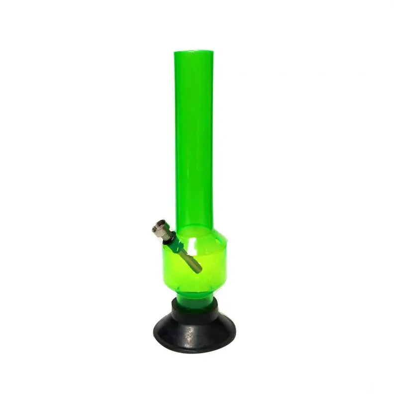 A 12 inch transparent green acrylic smoking waterpipe hookah bong with a black base and fittings.