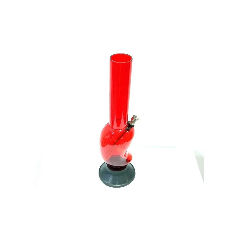 A 12 inch red acrylic water pipe smoking bong with a mango shape design and mango leaf embossed in the bulb.