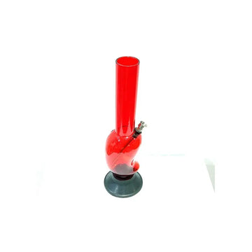 A 12 inch red acrylic water pipe smoking bong with a mango shape design and mango leaf embossed in the bulb.