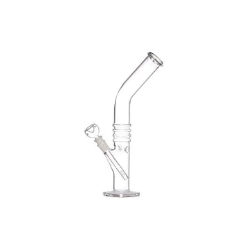 A 12 inch tall clear glass water bong with a high gloss premium finish, featuring a bent shape, a hookah attachment, and a small amount of water inside.