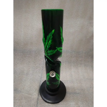 A 12 inch tall black acrylic waterpipe with green leaf prints.