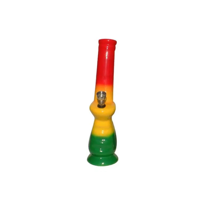 A multicolored ceramic water pipe with a red top and green body, featuring a rasta color scheme.