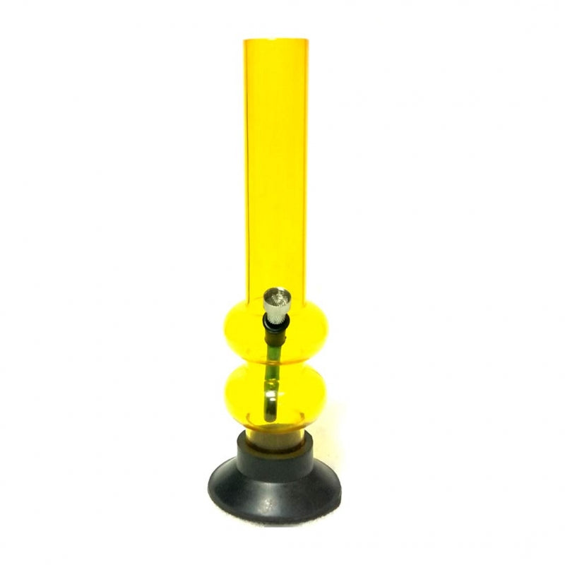 A 12 inch double bulb smoking water pipe bong with a transparent yellow body and black base.