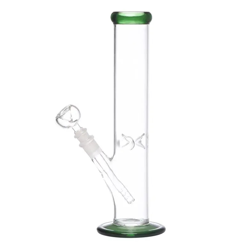 This image features a sleek, 12-inch tall glass ice waterpipe hookah bong from moksha. The bong has a very clean design, highlighted by ice notches in the middle of the smoke tube, which allows users to stack ice cubes for a chilled smoking experience.