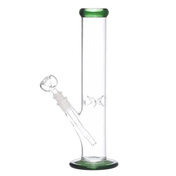 This image features a sleek, 12-inch tall glass ice waterpipe hookah bong from moksha. The bong has a very clean design, highlighted by ice notches in the middle of the smoke tube, which allows users to stack ice cubes for a chilled smoking experience.