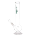 This image features a 12 inch glass water bong by Moksha, characterized by a clear, sleek design adorned with a subtle leaf print. The bong, which stands approximately 30 cm tall, includes a single bulbous base that provides a stable foundation.
